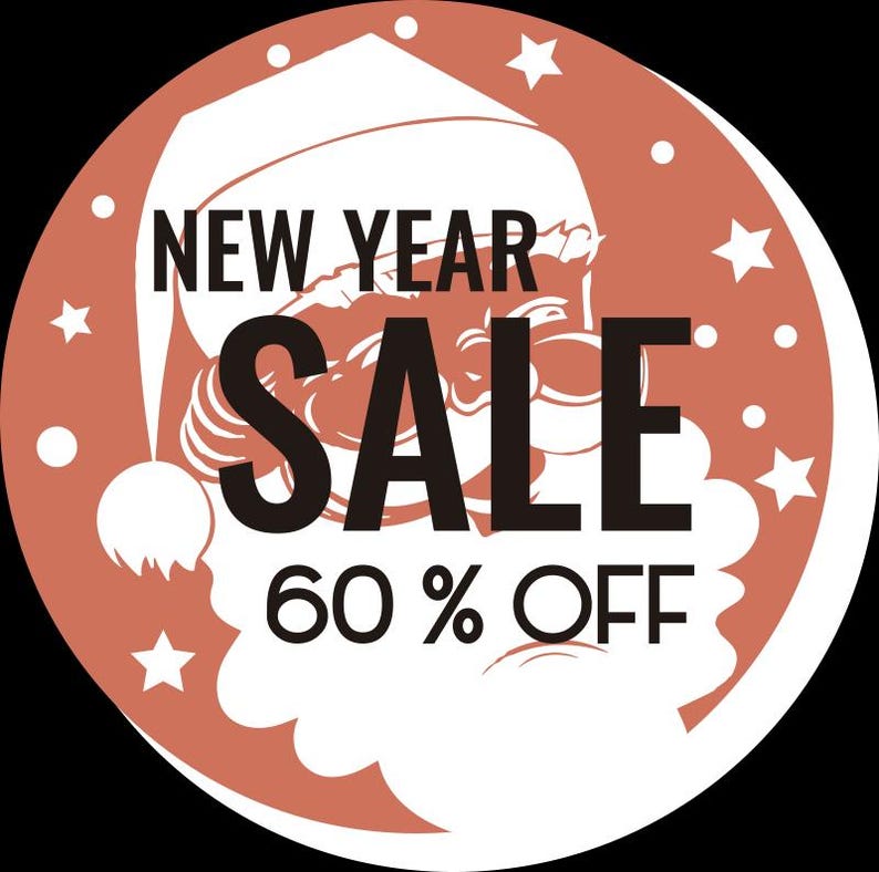 Op de afbeelding: Een rond rood en wit nieuwjaarsverkoopbord met een cartoon-kerstman. Het bord zegt "New Year Sale 60% Off".