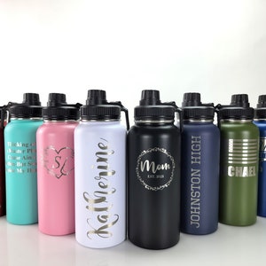 Personalized 32oz Water Bottle, Custom Engraved, Insulated Stainless Steel, Spill Proof Lid, With Handle, Personalized Gift, Name Bottles
