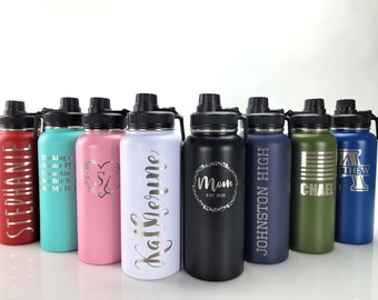 Personalized 32oz Water Bottle, Custom Engraved, Insulated Stainless Steel, Spill Proof Lid, With Handle, Personalized Gift, Name Bottles