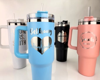 Personalized 40oz Tumbler: Custom Engraved Travel Mug with Handle