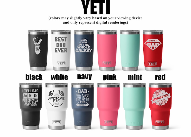Pode incluir: Uma cole&ccedil;&atilde;o de canecas Yeti em v&aacute;rias cores, incluindo preto, branco, azul marinho, rosa, menta e vermelho. Cada caneca apresenta um design diferente, com textos como "Best Dad Ever" e "Super Dad".