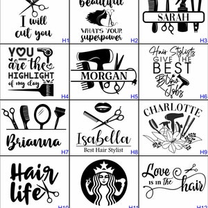 Puede incluir: Una colecci&oacute;n de 12 dise&ntilde;os en blanco y negro para estilistas. Los dise&ntilde;os presentan varias herramientas de peluquer&iacute;a, como tijeras, secadores de pelo y peines, junto con texto como "Te voy a cortar", "&iquest;Cu&aacute;l es tu superpoder?", "Los estilistas dan los mejores secados" y "El amor est&aacute; en el pelo".