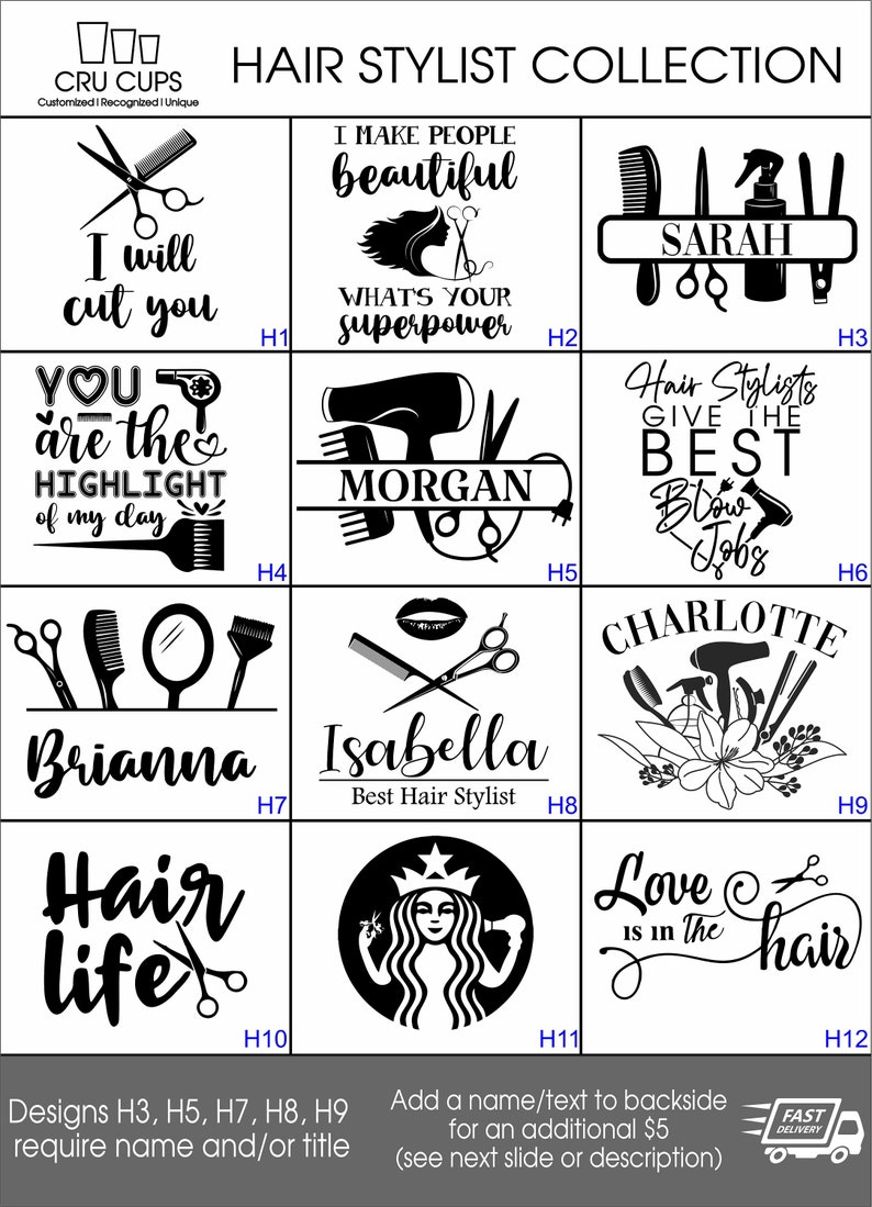 Puede incluir: Una colecci&oacute;n de 12 dise&ntilde;os en blanco y negro para estilistas. Los dise&ntilde;os presentan varias herramientas de peluquer&iacute;a, como tijeras, secadores de pelo y peines, junto con texto como "Te voy a cortar", "&iquest;Cu&aacute;l es tu superpoder?", "Los estilistas dan los mejores secados" y "El amor est&aacute; en el pelo".