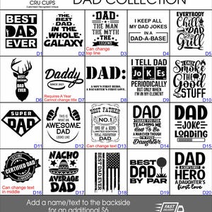 Pode incluir: Uma cole&ccedil;&atilde;o de designs em preto e branco para presentes do Dia dos Pais. Os designs incluem frases como "Best Dad Ever", "Super Dad" e "Best Dad by Par". Alguns designs apresentam a bandeira americana ou uma bola de golfe.