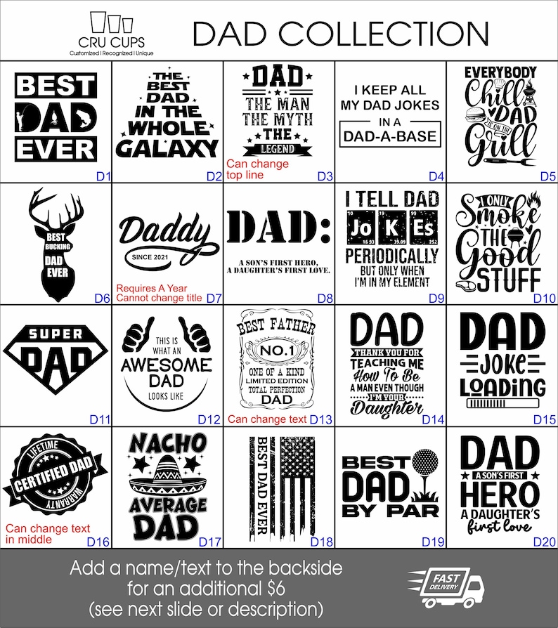 Pode incluir: Uma cole&ccedil;&atilde;o de designs em preto e branco para presentes do Dia dos Pais. Os designs incluem frases como "Best Dad Ever", "Super Dad" e "Best Dad by Par". Alguns designs apresentam a bandeira americana ou uma bola de golfe.
