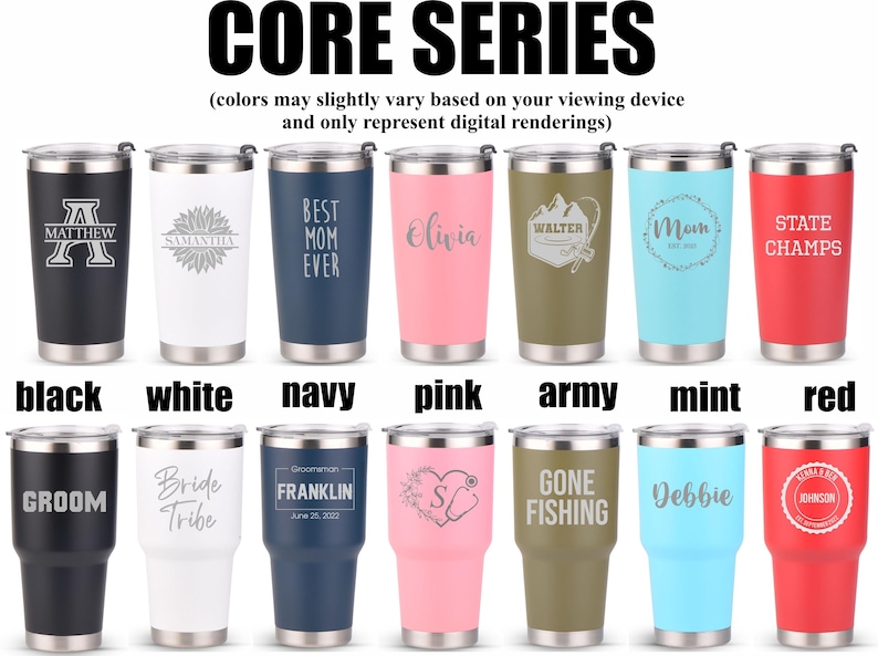 Puede incluir: Una colecci&oacute;n de vasos aislados en varios colores, incluyendo negro, blanco, azul marino, rosa, verde militar, menta y rojo. Cada vaso presenta un dise&ntilde;o o texto diferente, como nombres, frases y gr&aacute;ficos. Los vasos forman parte de la "CORE SERIES".