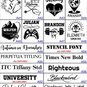 May include: Image showcasing engraving options for personalized items. Designs include a heart with a stethoscope, names with medical symbols, a heartbeat, a location pin, mountains with a fishing rod, a game controller, a weightlifter, and a beach scene.