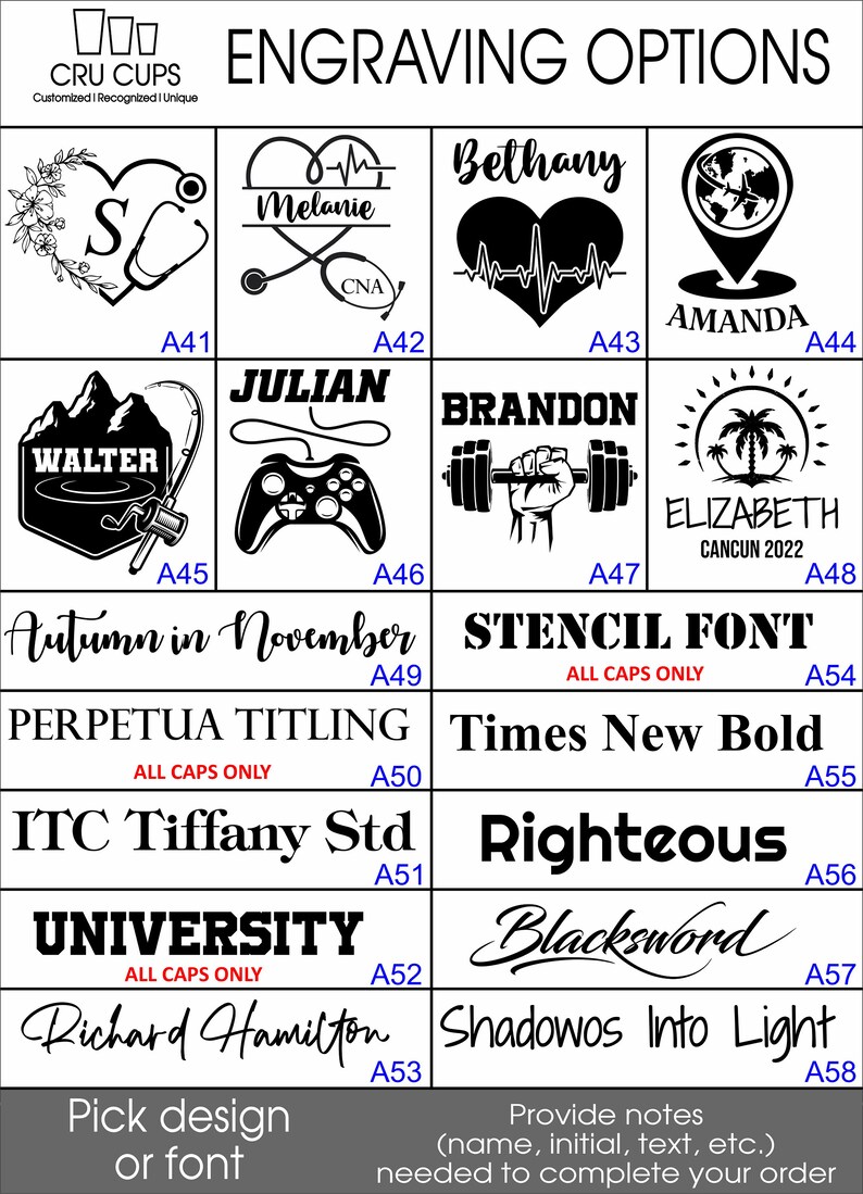 May include: Image showcasing engraving options for personalized items. Designs include a heart with a stethoscope, names with medical symbols, a heartbeat, a location pin, mountains with a fishing rod, a game controller, a weightlifter, and a beach scene.