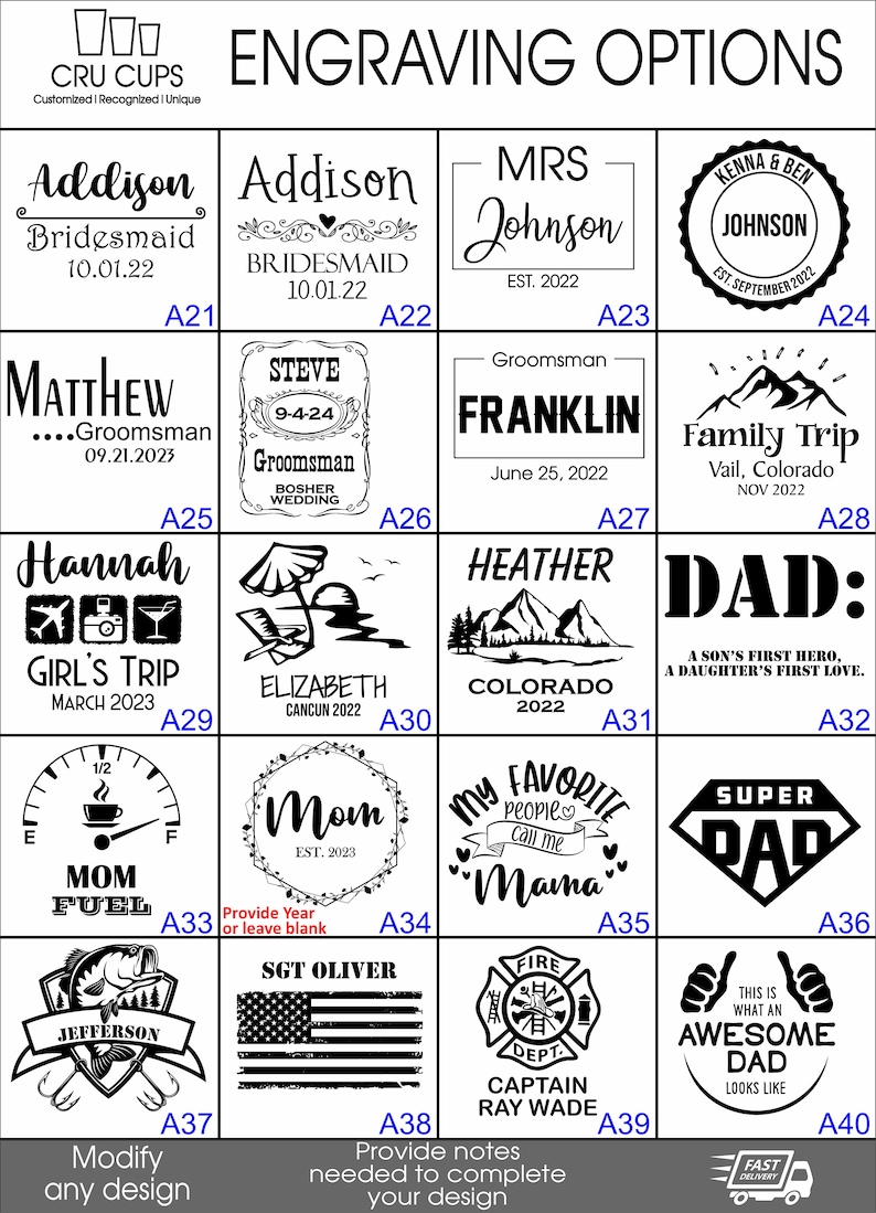 Puede incluir: Una cuadr&iacute;cula de 40 opciones de grabado diferentes para tazas personalizadas. Las opciones incluyen nombres, fechas y dise&ntilde;os como una cordillera, un indicador de combustible, un viaje familiar, un viaje de chicas, un bombero, un padre, una madre, una novia, un novio y una boda.
