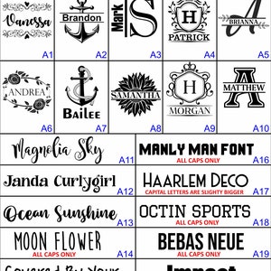 May include: Image showcasing engraving options for personalized items. Includes various fonts and designs, such as names, initials, and decorative elements like anchors, flowers, and monograms. Text on the image reads "Engraving Options".