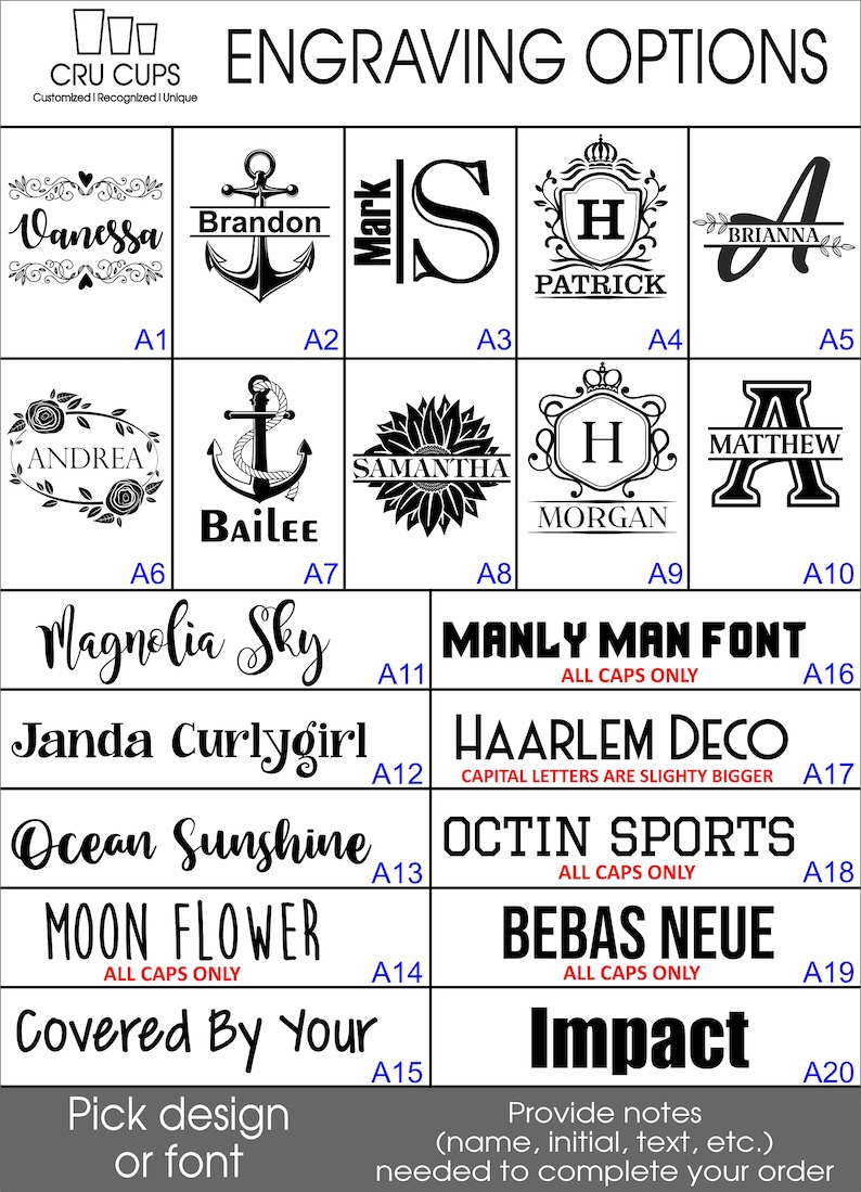 May include: Image showcasing engraving options for personalized items. Includes various fonts and designs, such as names, initials, and decorative elements like anchors, flowers, and monograms. Text on the image reads "Engraving Options".