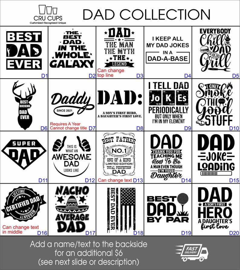Puede incluir: Una colecci&oacute;n de dise&ntilde;os en blanco y negro para regalos del D&iacute;a del Padre. Los dise&ntilde;os incluyen frases como "Best Dad Ever", "Super Dad" y "Best Dad by Par". Algunos dise&ntilde;os presentan la bandera estadounidense o una pelota de golf.
