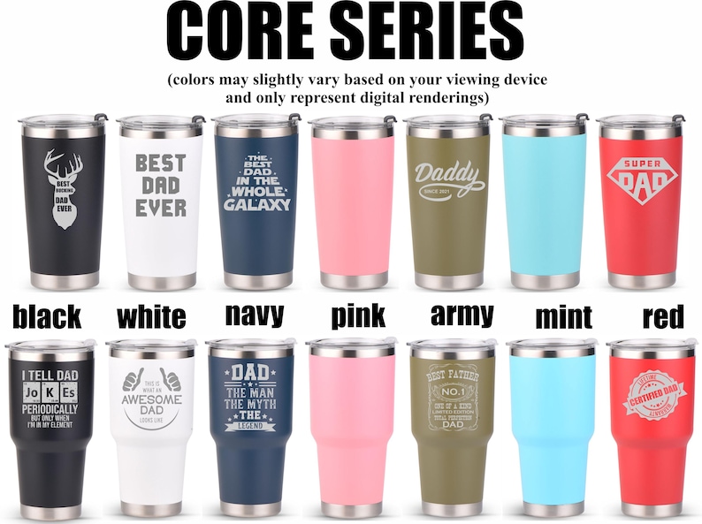 Pode incluir: Uma cole&ccedil;&atilde;o de canecas isoladas em v&aacute;rias cores, incluindo preto, branco, azul marinho, rosa, verde militar, menta e vermelho. Cada caneca apresenta um design diferente, com frases como "Best Dad Ever" e "Super Dad."