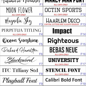 Puede incluir: Imagen que muestra opciones de fuentes para personalizaci&oacute;n. La imagen muestra varios estilos de fuente, incluyendo opciones cursivas y en negrita, con ejemplos como "Autumn in November" e "Impact". El texto "FONT OPTIONS" est&aacute; en la parte superior.