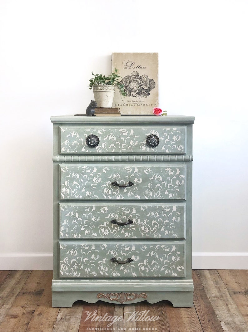 Free Shipping Hand Painted Green And White Stencilled Dresser Bedroom Nursery Furniture