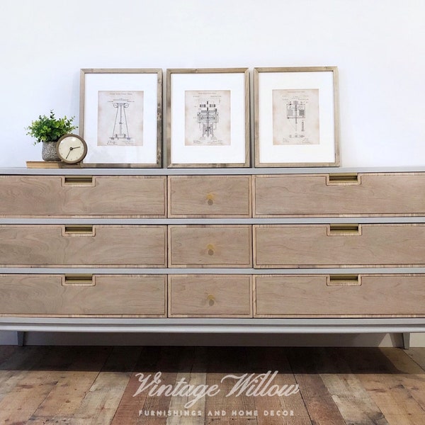Mid Century Modern Dresser Soft Grey Natural Oak Wood Gold Hardware Vintage Bedroom Living Room Buffet Console Furniture