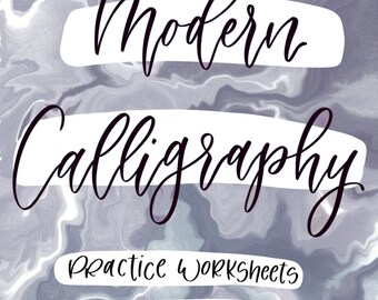 May include: A digital art print with a marbled gray and white background. The words "Modern Calligraphy" are written in elegant script, with "Practice Worksheets" and "Part 3.1 Holiday Themed January-May" below.