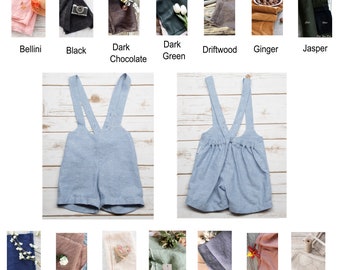 Suspenders shorts for babies 0-2T, many colors available: Light blue, Midnight blue, black, khaki-beige, sage, burgundy, terracotta, etc