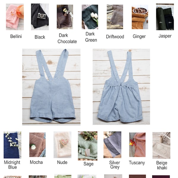 Salopette short pour bébé garçon 0-2T en lin ou coton-lin bleu pâle, bleu foncé, beige, sauge, bordeaux, terracotta, gris, noir ou autre