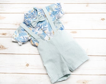 Aqua cotton-linen overall, polycotton floral blue aqua white shirt and aqua bow tie for babies 0-2T
