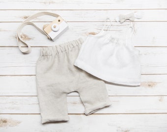 Kakhi beige pure linen harem pants - other colors available, Set available with white linen cami and Bow headband for baby girl 0-2T