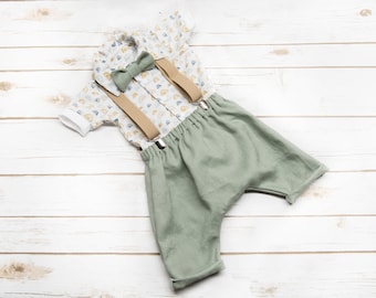 Sage purelinen harem pants, Set available with suspenders, bowtie and Rainbow polycotton shirt for baby boy 0-2T