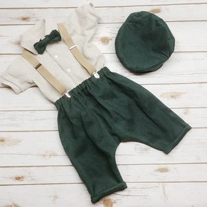 Dark green + other colors Linen harem pants, Set available with suspenders, cap, bowtie and beige shirt for baby boy 0-2T