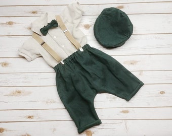 Dark green + other colors Linen harem pants, Set available with suspenders, cap, bowtie and beige shirt for baby boy 0-2T