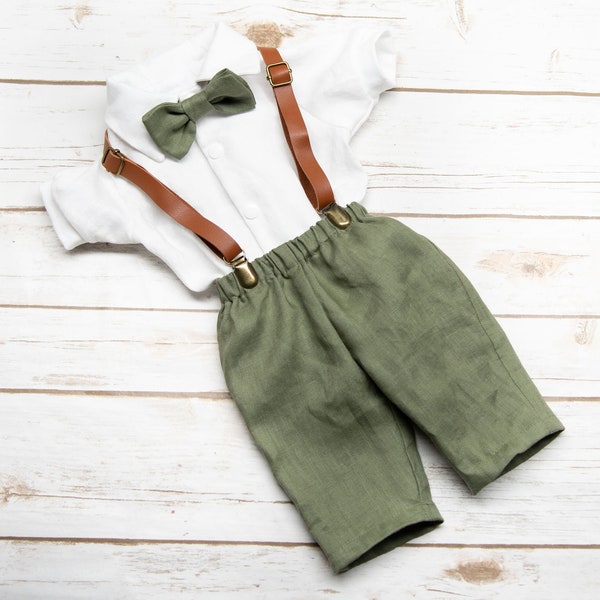 Olive green pure linen straight cut pants, Set available with brown faux leather suspenders, bowtie and Pure linen white shirt baby boy 0-2T