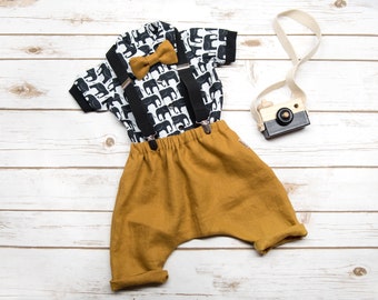 Ginger pure linen harem pants, Set available with suspenders, bowtie and Black Elephants polycotton shirt for baby boy 0-2T
