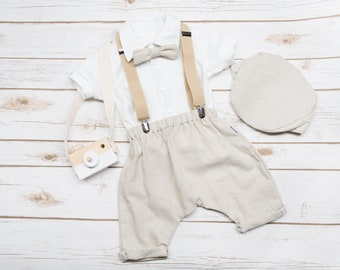 Beige Khaki + other colors Linen harem pants, Set available with suspenders, cap, bowtie and shirt for baby boy 0-2T