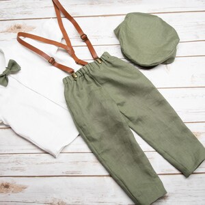 Olive green pure linen straight cut pants, Set available with brown faux leather suspenders, bowtie and Pure linen white shirt baby boy 0-2T