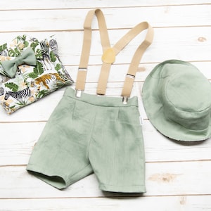 Safari Jungle Outfit for Baby Boys 0–2T – Cotton Shirt, Linen Shorts, Reversible Hat, Bow Tie & Suspenders