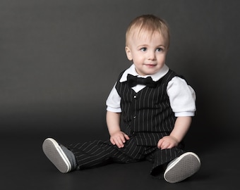 Set white linen shirt, black jacket line white line, chic black pants lined white and bow tie for baby boy 0-2T