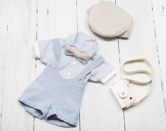 Set shirt, overalls shorts, cap and bow tie for baby boy 0-2T cotton-linen