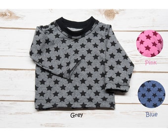 Grey, Blue or Pink. Black stars on dark grey, marine stars on blue, red wine stars on pink tshirt sweatshirt for baby boy or girl  0-24M