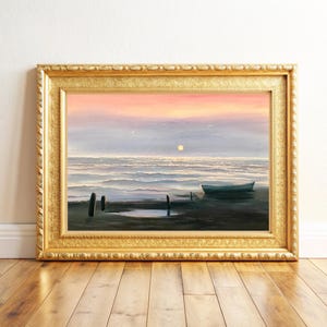 Pintura a óleo horizontal ORIGINAL "PÔR DO SOL". Arte de parede do Mar Báltico. Pintura impressionista vintage de paisagem marinha em rosa. Pintura escandinava de interior.