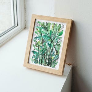 Dipinto BOTANICO ORIGINALE Foglia Verde Smeraldo. Piccolo dipinto astratto ad acquerello per interni. Dipinto floreale misto. Disegno a penna a inchiostro