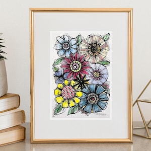 ORIGINALE UCRAINO Astratto Piccolo dipinto ad acquerello A4. Fiori Disegno a penna a inchiostro. Decorazione floreale da parete. Regalo d'arte del negozio ucraino.