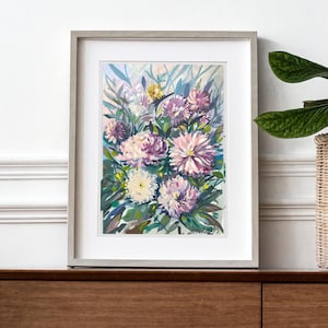 CRISANTEMO ORIGINAL, pintura al óleo. Bodegón floral vintage ucraniano. Verde salvia. Firmado. Regalo de arte impresionista de los años 90.