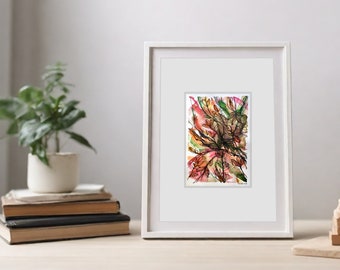 ORIGINAL BOTANICAL Small Abstract Painting. Autumn Leaves Terracota Green watercolor painting. Floral Tiny wall art. Ink pen line drawing.