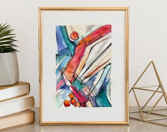 ORIGINAL Abstract Watercolor painting. Ink pen line drawing. Colorful Brush stroke wall art. Contemporary interior 8x12" watercolor painting