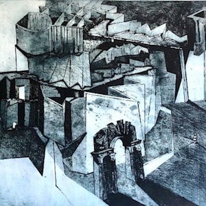 ORIGINAL City ETCHING graphic wall fine art. Vintage Abstract Architecture cityscape art printing. Old CITY extra large wall art drawing.