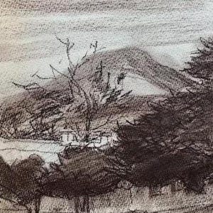 ORIGINAL MOUNTAIN Oil PASTEL painting. Sepia sketch wall art. Vintage Nature landscape oil pastel tree drawing. Horizontal Interior graphic.