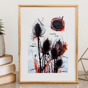 Dipinto originale astratto NERO BIANCO ROSSO in formato A4. Disegno a penna a inchiostro. Grafica d'interni contemporanea. Decorazione murale minimalista.