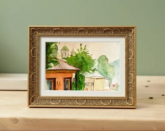 Vintage Kyiv Watercolor Painting: Ukrainian Cityscape, 1980s Art