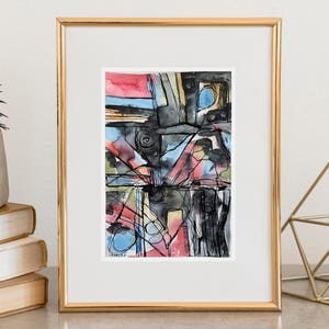 BLOCCO COLORE ORIGINALE Arte d'interni. Arte murale geometrica astratta. Acquerello contemporaneo in formato A4 di piccole dimensioni con tecnica mista. Disegno a penna a inchiostro.