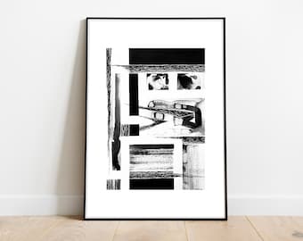 ORIGINAL Brush Strokes Abstract painting. Contemporary Black White Ink pen line drawing. Minimalist Graphic design. Neutral grey wall art.