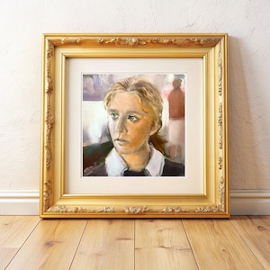 Retrato femenino original, pintura al óleo. Cuadro académico vintage cuadrado. Boceto de estudio de caso sobre rostro femenino. Decoración de pared cuadrada para interiores.