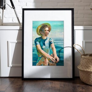 Pintura acrílica ORIGINAL de retrato masculino. Arte de rosto masculino figurativo impressionista vintage de menino pequeno. Arte de parede interior de Blue Marina, decoração de casa.